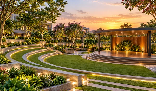 Central greens and open-air amphitheatre spaces at Godrej Elanor